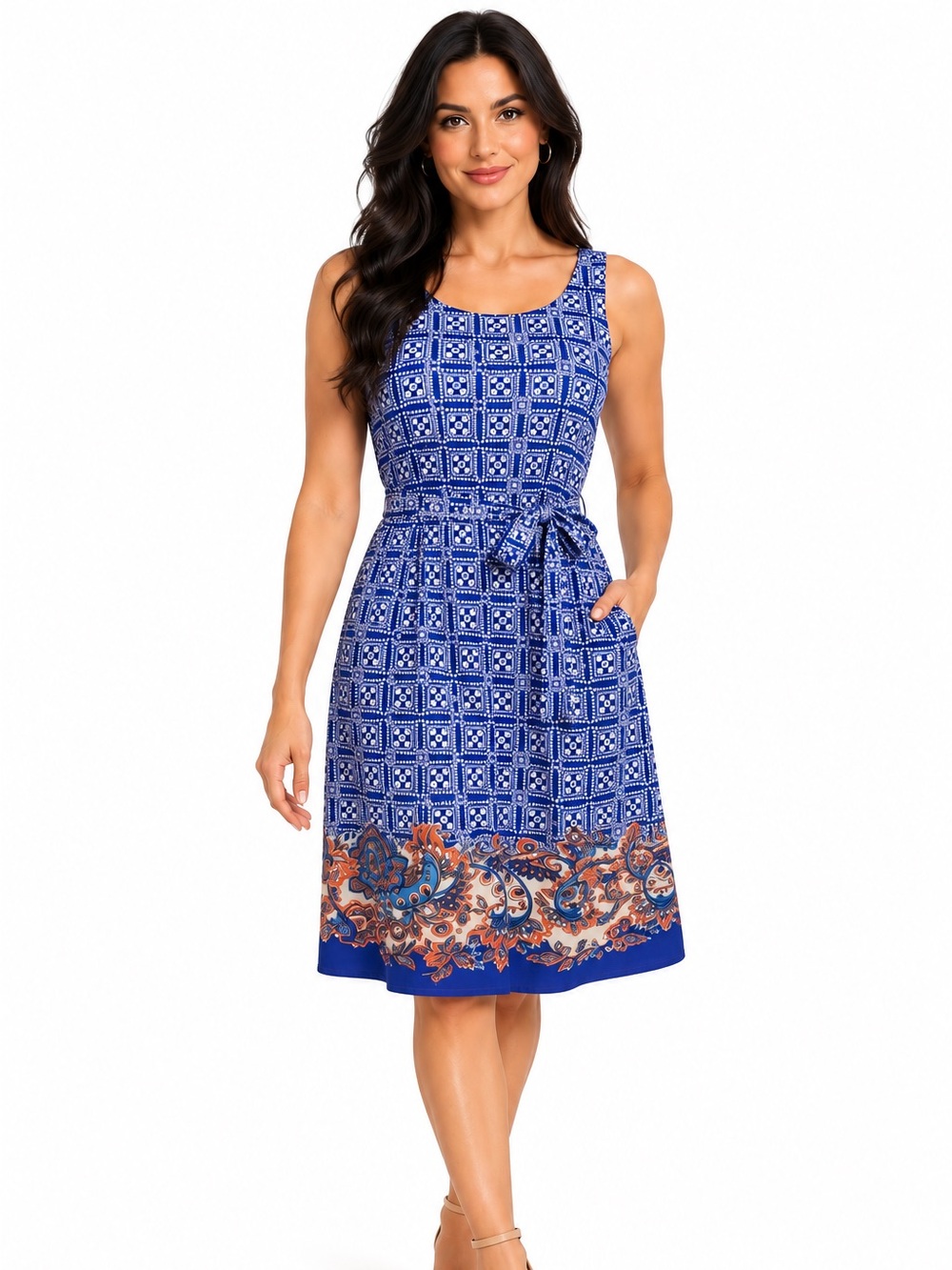 A Pea in the Pod Blue Printed Sleeveless Belted Midi Dress medium